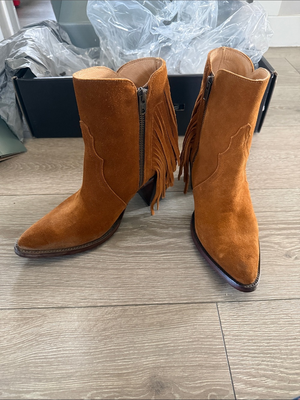 Lucchese Heeled Cow Fringe Side Zip Boot Suede